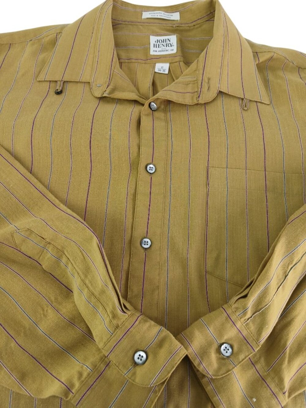 Vintage John Henry Mustard Yellow Striped Button Up Shirt Size 17 34-35 Athletic - Picture 9 of 15